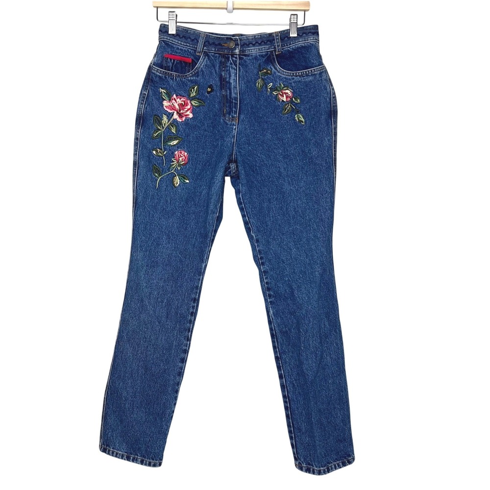 Vintage Together Floral Embroidered High Waisted Mom Jeans Medium Wash‎ Blue 8